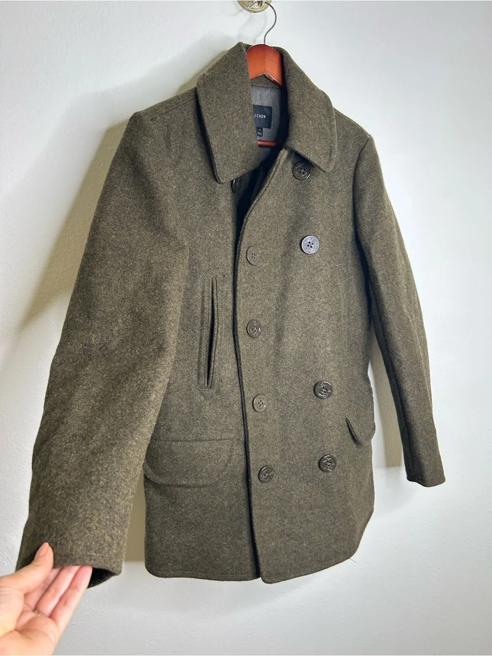 J. Crew 100% Wool Army Green Double Breasted Peacoat Size Small